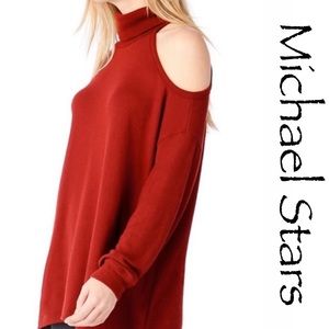 MICHAEL STARS Red Cold Shoulder Knit Sweater